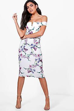 Boohoo Orlagh Floral Print Off Shoulder Midi Dress