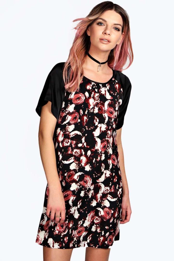 Boohoo Treena Floral Contrast Satin Shift Dress Multi