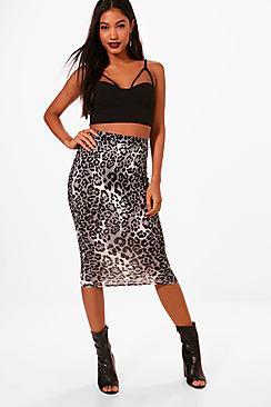 Boohoo Maisy Leopard Print Midi Skirt