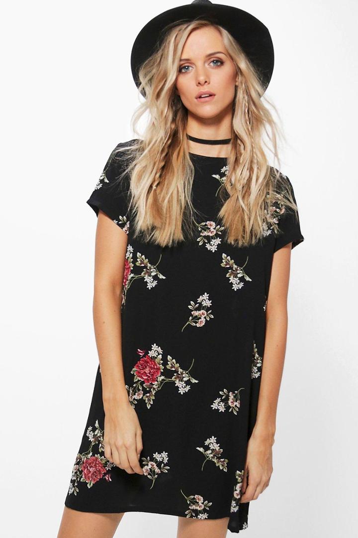 Boohoo Branwen Floral Cap Sleeved Shift Dress Black