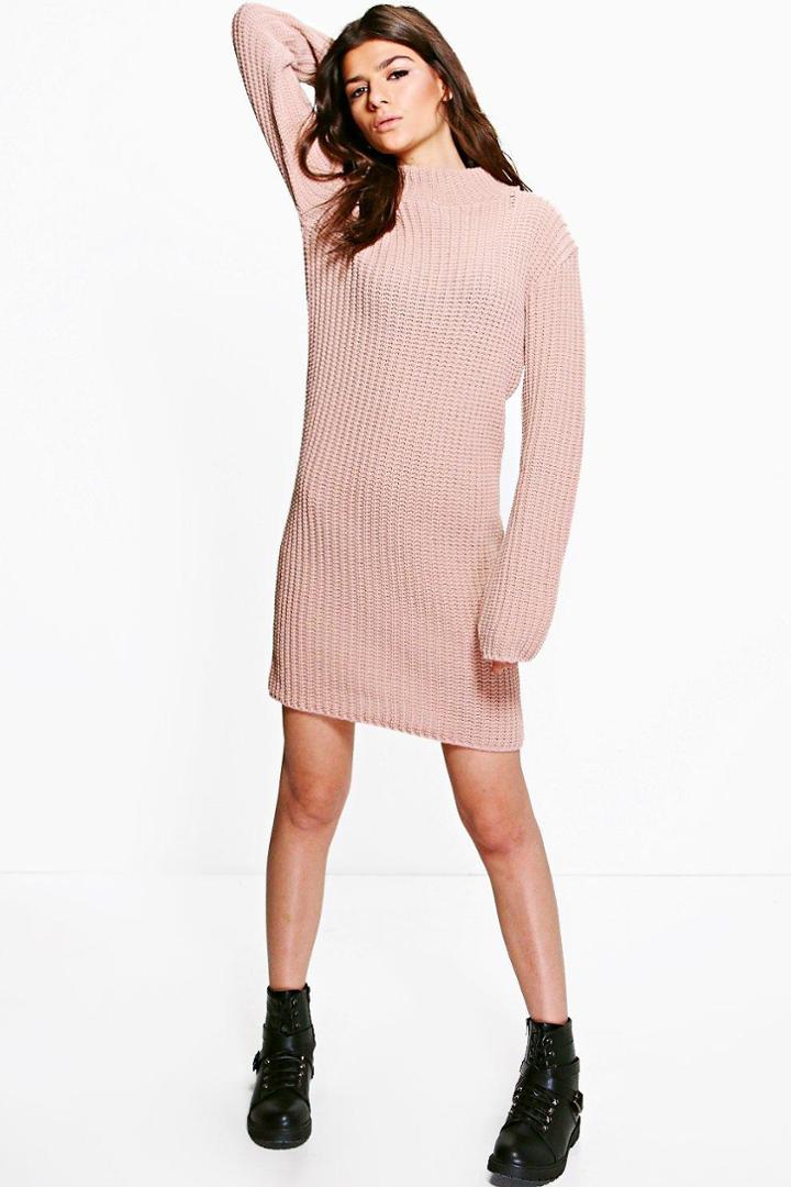 Boohoo Holly Funnel Neck Chunky Jumper Dress Nude