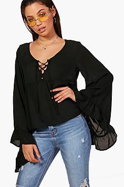 Boohoo Erin Lace Up Ruffle Sleeve Blouse
