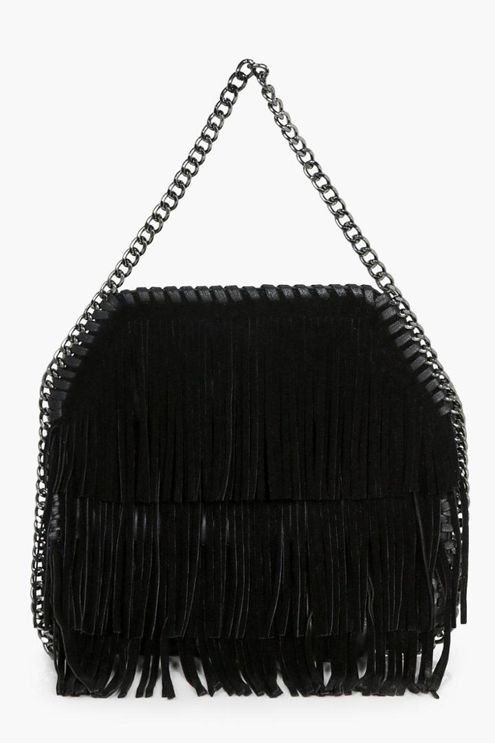 Boohoo Isla Fringe & Chain Cross Body Bag Black