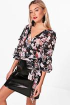 Boohoo Emma Floral Woven Ruched Sleeve Blouse