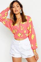 Boohoo Woven Floral Print Wrap Shirred Waist Top