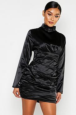 Boohoo Satin Long Sleeve Ruched Bodycon Dress