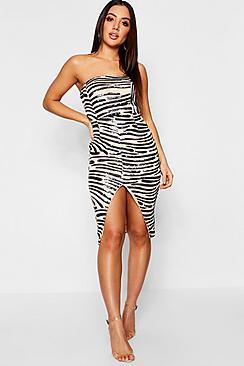 Boohoo Bandeau Sequin & Mesh Midi Dress