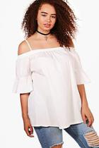 Boohoo Plus Hana Off The Shoulder Strappy Frill Sleeve Top