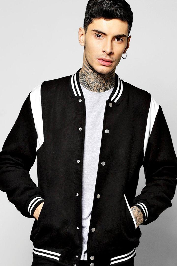 Boohoo Melton Varsity Bomber With Pu Inserts Black