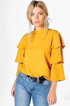 Boohoo Cara Tiered Sleeve High Neck Blouse
