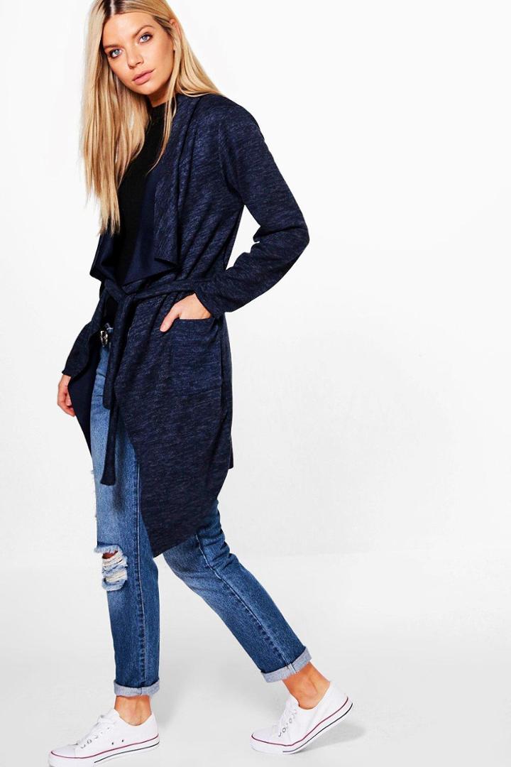 Boohoo Erin Belted Waterfall Cardigan Navy