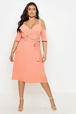 Boohoo Plus Plunge Ruffle Midi Dress