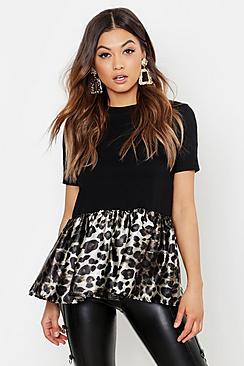 Boohoo Satin Peplum Leopard Print Tee