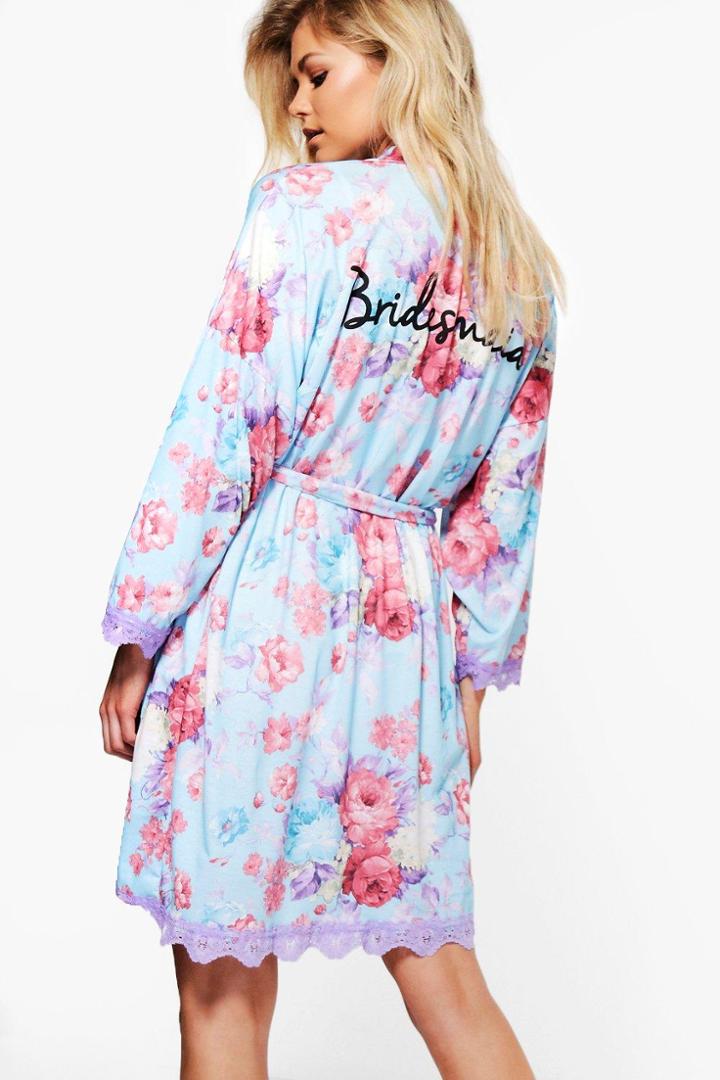 Boohoo Orla Floral Bridesmaid Slogan Robe Blue