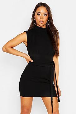 Boohoo High Neck Belted Shift Dress