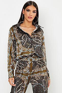 Boohoo Satin Button Through Chain Print Blouse