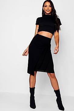 Boohoo Ribbed Wrap Tie Midi Skirt