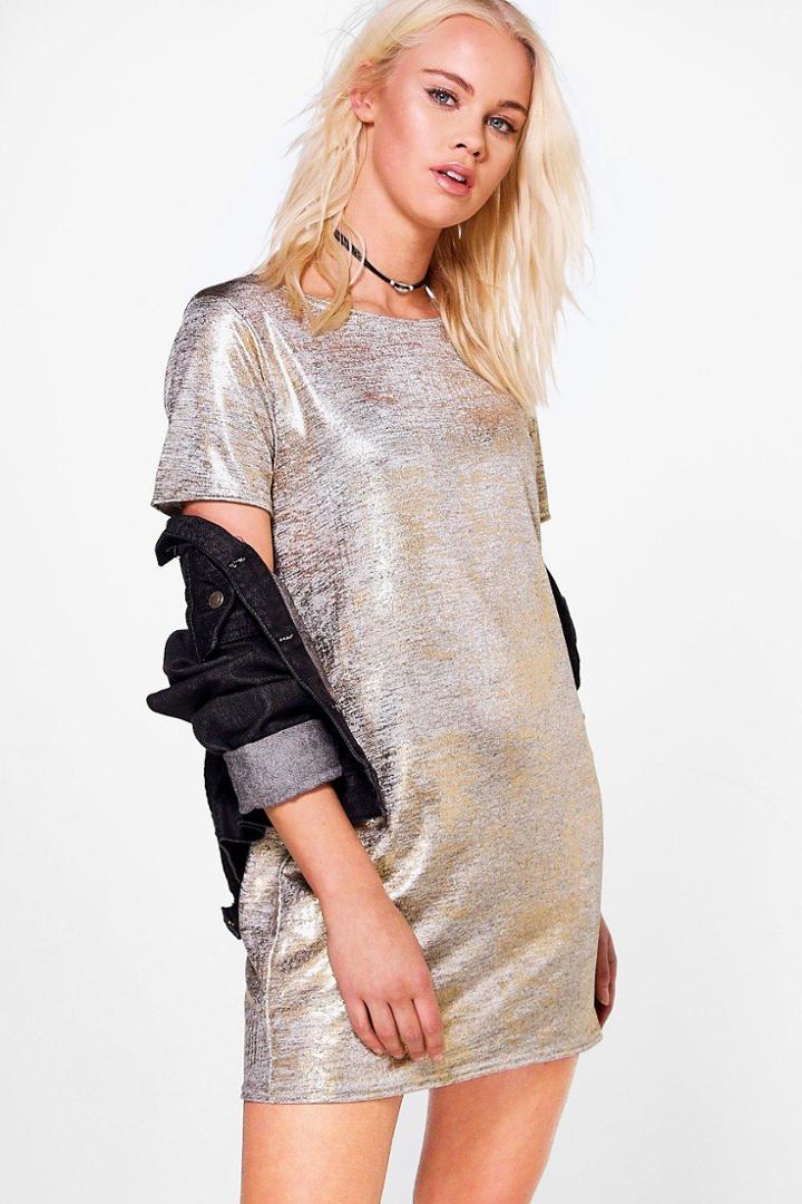 Boohoo Xenia Metallic Cap Sleeve Shift Dress Gold
