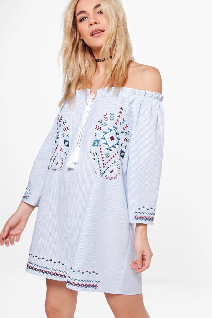 Boohoo Nicky Embroidered Stripe A-line Shift Dress Blue