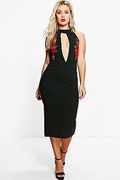 Boohoo Plus Harley Embroidered Plunge Midi Dress