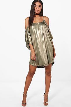 Boohoo Paige Metallic Cold Shoulder Dress