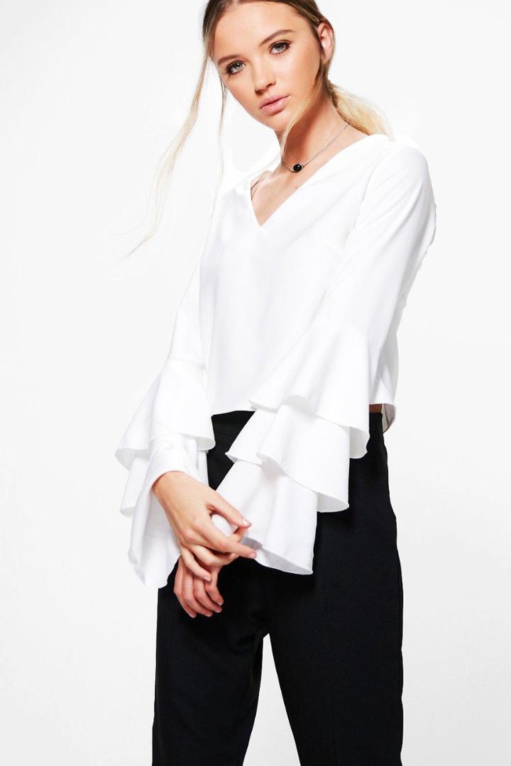 Boohoo Vanessa Frill Sleeve Woven Top Ivory