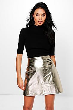 Boohoo Orianna Metallic Leather Look A Line Mini Skirt