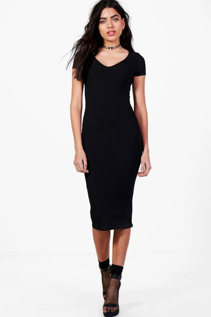 Boohoo Olivia V Neck Ribbed Midi Dress Black
