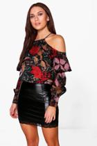 Boohoo Flossie Printed Cold Shoulder Blouse Black