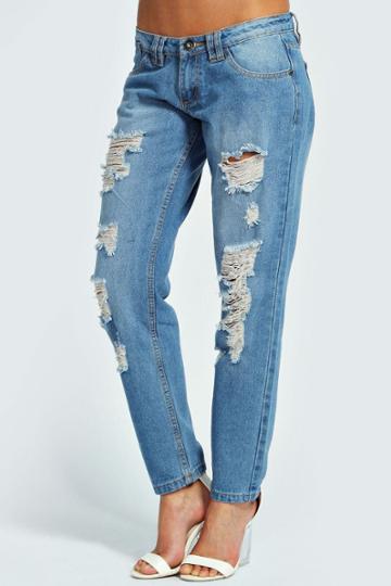Boohoo Molly Ripped Boyfriend Jeans - Blue
