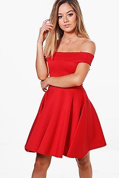 Boohoo Petite Katy Off The Shoulder Skater Dress