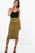 Boohoo Ohio Rouched Front Jersey Midi Skirt Olive