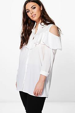 Boohoo Plus Danielle Open Shoulder Ruffle Shirt