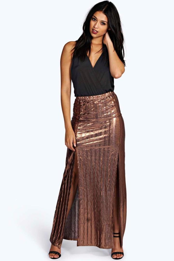 Boohoo Erin Metallic Textured Split Front Maxi Skirt Bronze