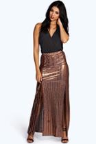 Boohoo Erin Metallic Textured Split Front Maxi Skirt Bronze