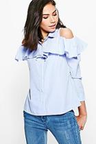 Boohoo Georgia Ruffle Striped Cold Shoulder Long Sleeve Shirt