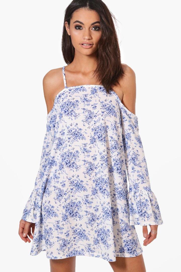 Boohoo Lilly Floral Cold Shoulder Shift Dress White
