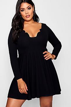 Boohoo Nadine Long Sleeved Scallop Dress