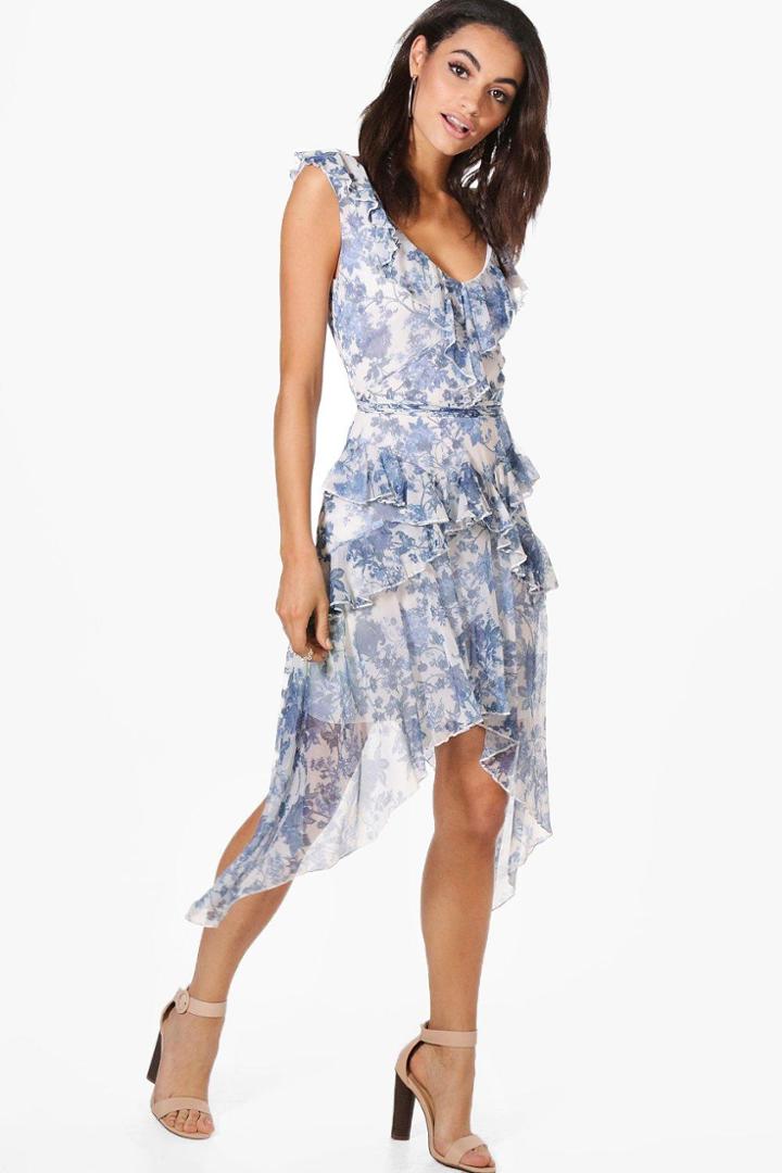Boohoo Isabelle Porcelain Print Ruffle Dress Blue