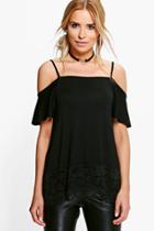 Boohoo Eloise Lace Hem Cold Shoulder Top Black