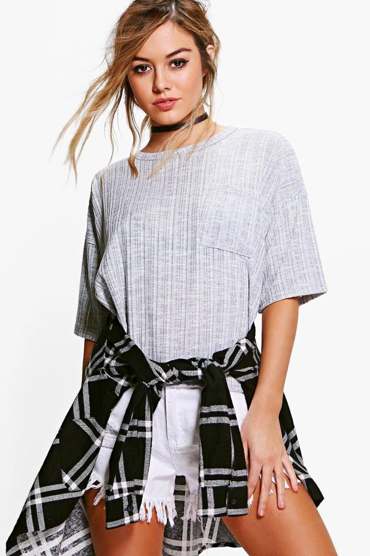 Boohoo Petite Leanne Oversized Rib Pocket Tee Grey