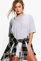 Boohoo Petite Leanne Oversized Rib Pocket Tee Grey