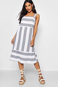 Boohoo Wide Stripe Cotton Drop Hem Smock Dress