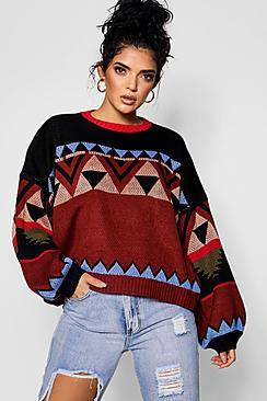 Boohoo Aztec Knitted Balloon Sleeve Box Jumper