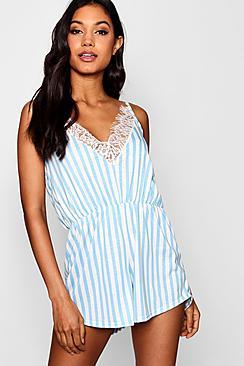 Boohoo Olivia Stripe & Lace Trim Playsuit