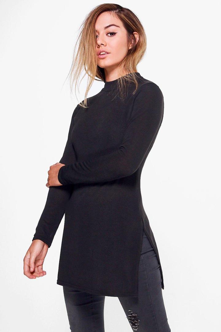 Boohoo Petite Amy High Neck Soft Knit Side Split Tunic Black