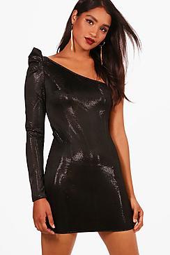 Boohoo Metallic One Shoulder Puff Sleeve Dress