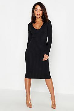 Boohoo Ribbed Plunge Neck Midi Dress