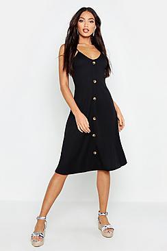 Boohoo Ribbed Button Down Midi Swing Dress