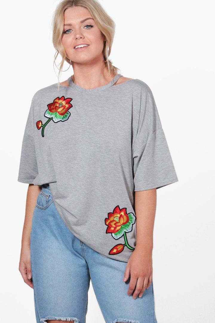 Boohoo Plus Suzie Floral Cut Out T-shirt Grey